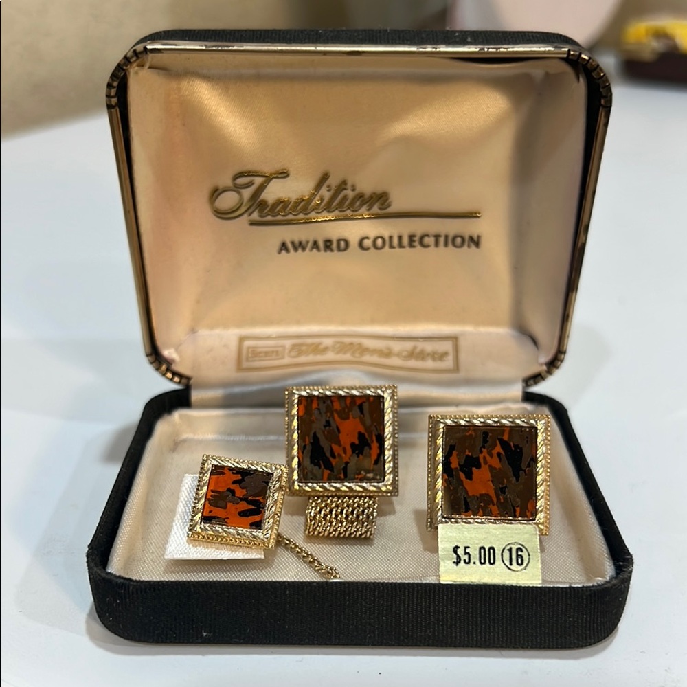 NEW Vintage Sears Tradition Award Collection Mirrored Cufflink & Tie Tack Set